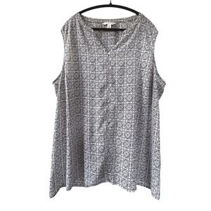 Croft & Barrow Black White Geometric Tile Print Sleeveless Button Down Top 3X